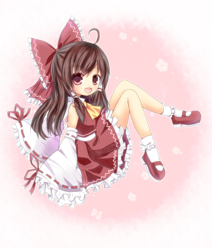 ascot bow brown_hair detached_sleeves hair_bow hair_tubes hakurei_reimu long_hair mary_janes open_mouth red_eyes shoes sidelocks skirt sleeves_past_wrists smile solo touhou wide_sleeves yuuhagi_(amaretto-no-natsu)