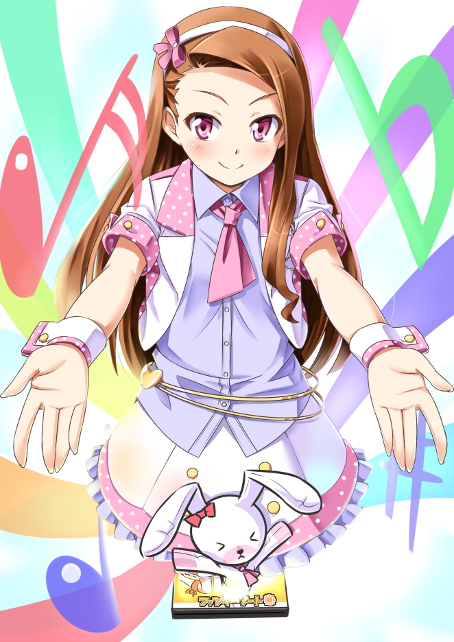 &gt;_&lt; blush brown_eyes bunny closed_eyes idolmaster idolmaster_(classic) idolmaster_shiny_festa long_hair looking_at_viewer minase_iori miri_(ago550421) musical_note no_legs outstretched_arm pink_eyes skirt smile solo wrist_cuffs