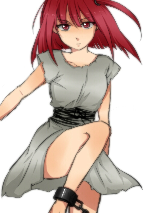 1girl dress leg_up magi_the_labyrinth_of_magic morgiana red_eyes red_hair shackle shackles side_ponytail simple_background solo