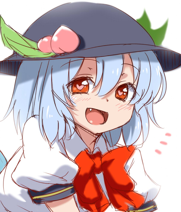 alternate_hairstyle blue_hair bow fang food fruit hat hinanawi_tenshi open_mouth peach red_eyes short_hair smile solo tori_(minamopa) touhou upper_body