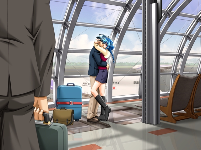 1boy 1girl airplane airport blue_hair eyes_closed game_cg hug kiss luggage tahara_chizuru tsukushite_agechau_4