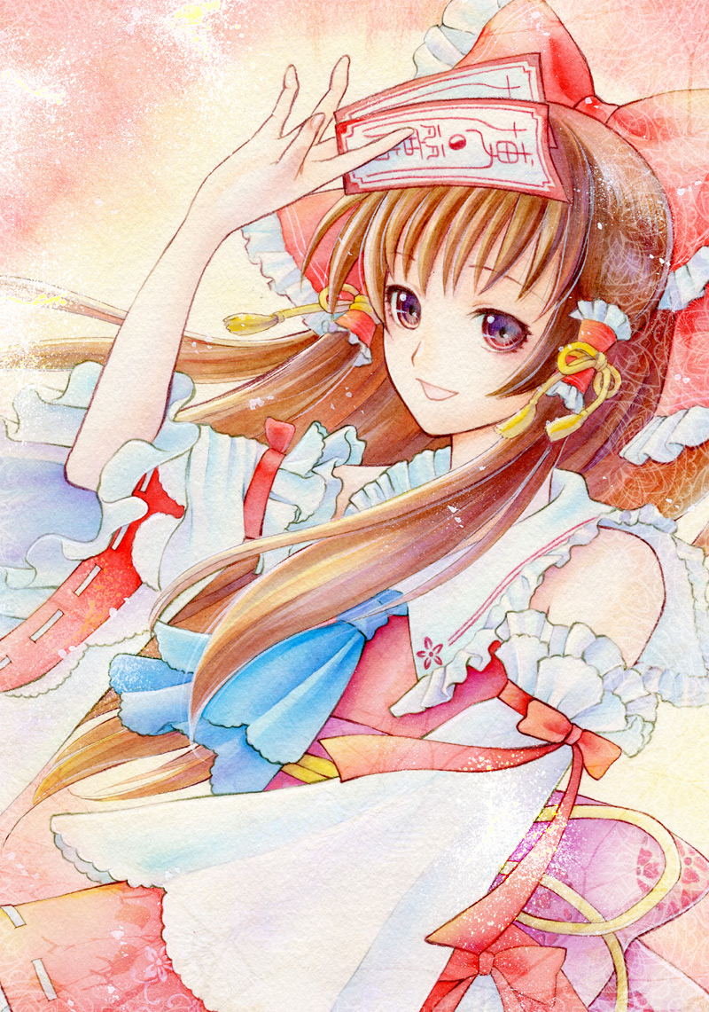 acrylic_paint_(medium) alternate_eye_color ascot between_fingers bow brown_hair embellished_costume floating_hair hair_bow hair_tubes hakurei_reimu long_hair multicolored multicolored_eyes ofuda open_mouth ribbon sennco smile solo touhou traditional_media wind