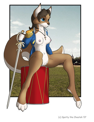 2007 blue_eyes breasts brown canine drum female hair nipples pussy solo spotty_the_cheetah sword uniform weapon