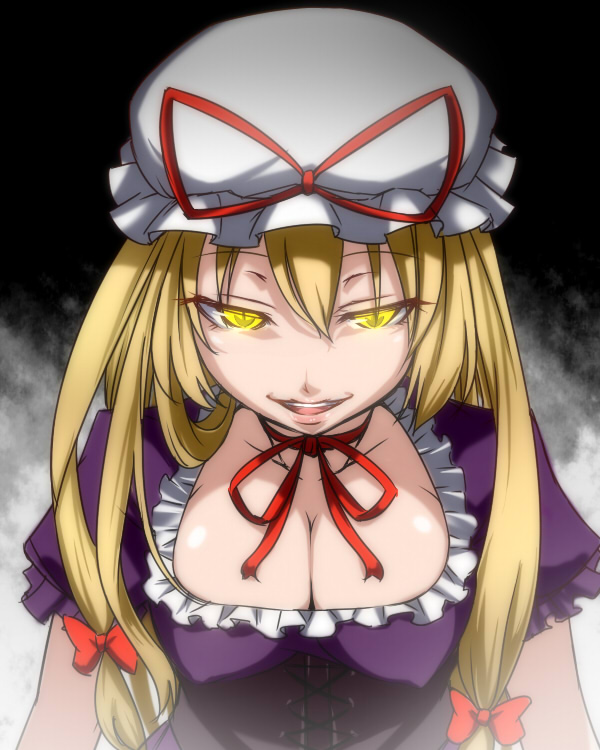 blonde_hair breasts cleavage covered_nipples hat large_breasts long_hair naughty_face open_mouth smile solo tori_(minamopa) touhou upper_body yakumo_yukari yellow_eyes