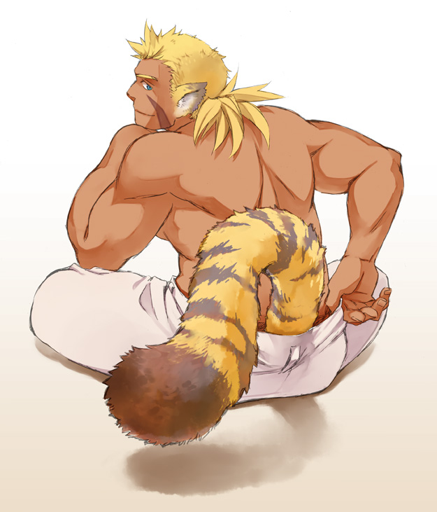 &#40658;&#12397;&#12378;&#12415;&#12356;&#12396; ?????? blonde_hair blue_eyes breath_of_fire cray feline hair looking_at_viewer male mammal muscles plain_background sitting smile solo tiger topless white_background