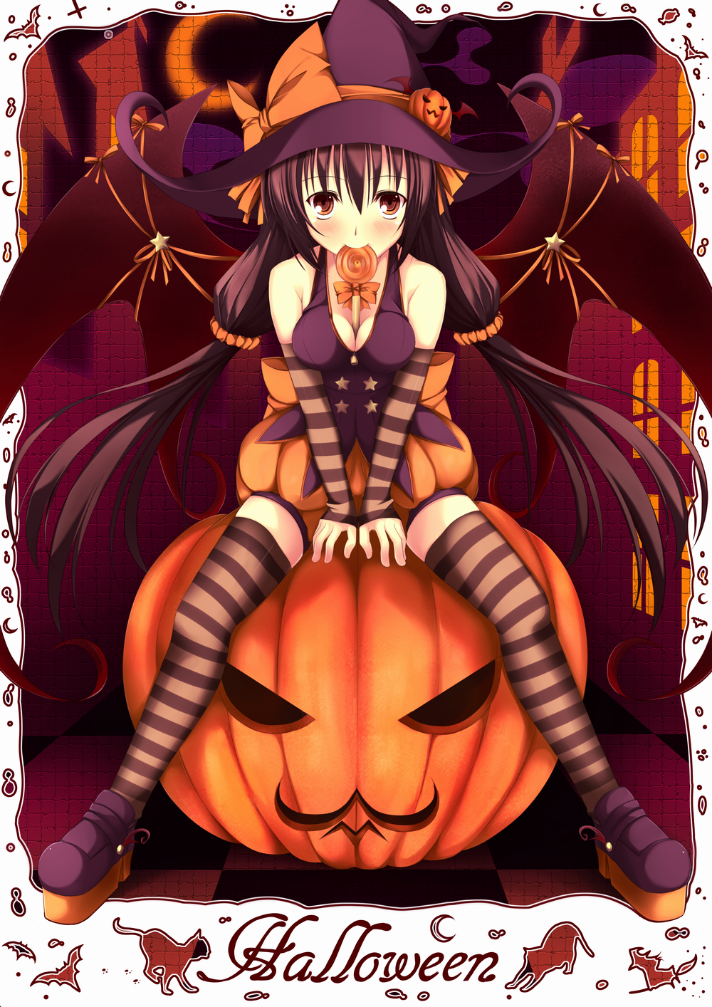 bad_id bad_pixiv_id between_breasts breasts brown_eyes brown_hair candy cleavage demon_wings elbow_gloves food food_themed_hair_ornament gloves hair_ornament hat highres lollipop medium_breasts mouth_hold nanahosi_seiiki original pumpkin pumpkin_hair_ornament shoes sitting sitting_on_object sleeveless striped striped_legwear thighhighs wings witch_hat