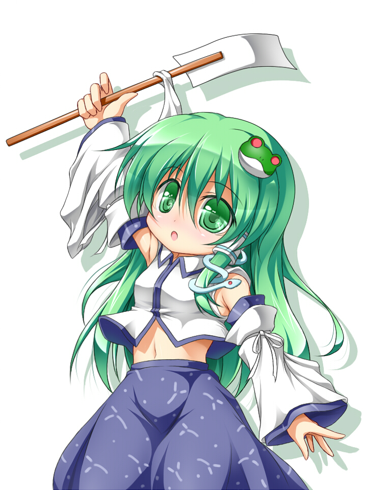 detached_sleeves frog_hair_ornament green_eyes green_hair hair_ornament hair_tubes kochiya_sanae long_hair open_mouth roura snake solo touhou white_background