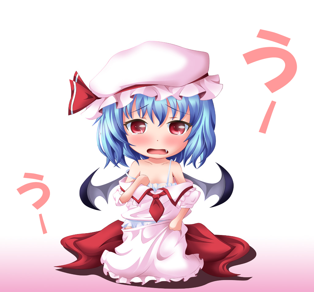 ascot bat_wings blue_hair fang hat neats off_shoulder open_mouth oversized_clothes red_eyes remilia_scarlet short_hair skirt skirt_tug solo strap_slip touhou wings