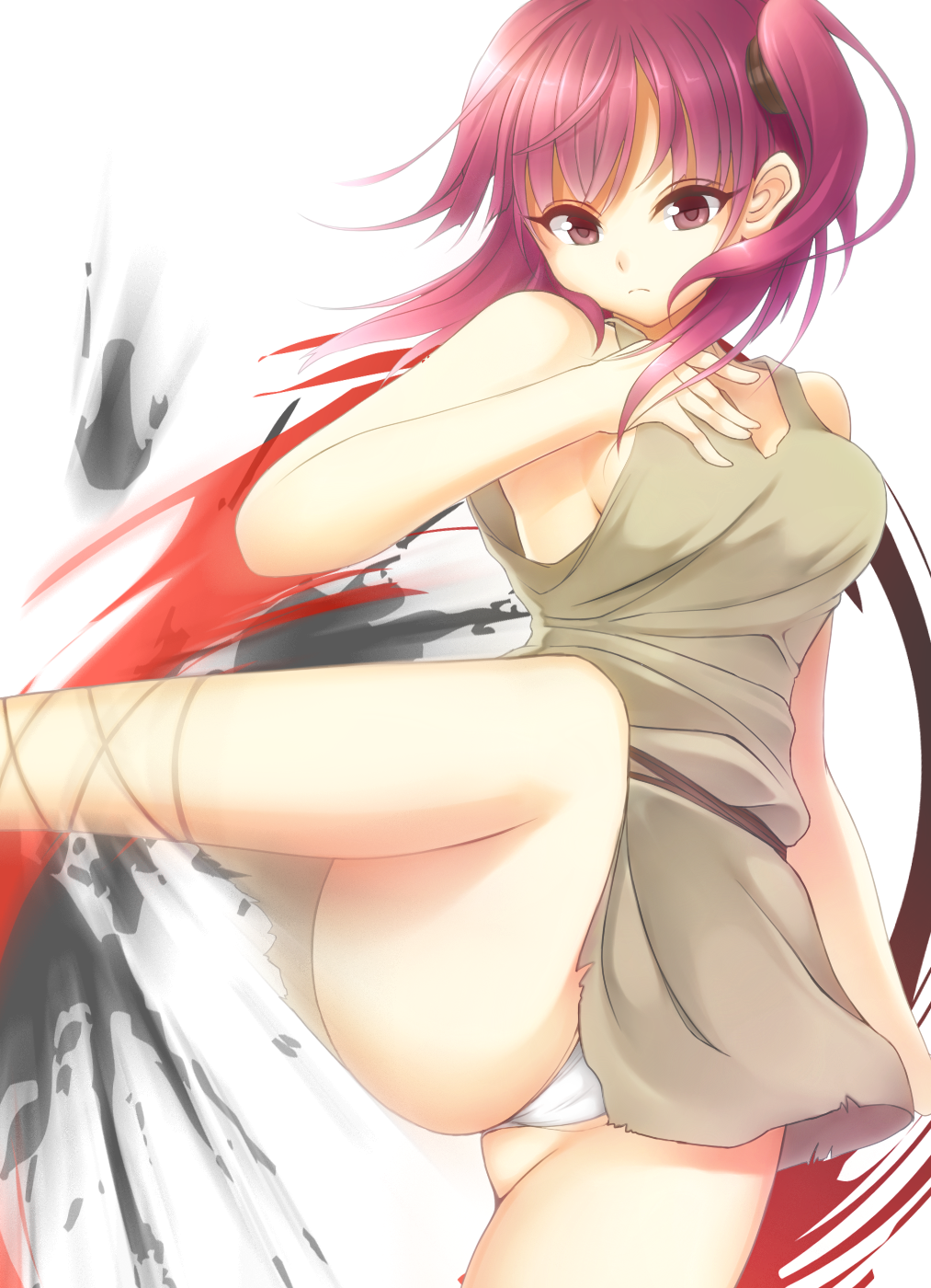 ankle_lace-up aogu breasts cross-laced_footwear highres magi_the_labyrinth_of_magic medium_breasts morgiana one_side_up panties red_eyes red_hair short_hair sideboob solo underwear white_panties