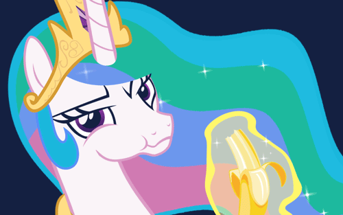 2snacks animated banana chewing crown equine female friendship_is_magic fruit hair horn horse levitation looking_at_viewer magic mammal multi-colored_hair my_little_pony plain_background pony princess_celestia_(mlp) solo