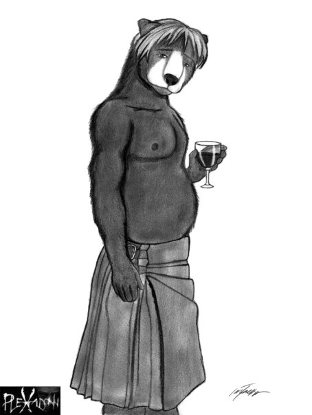 alcohol alinraven bear beverage chubby english_text fur gay grizzly grizzly_bear hair kilt looking_at_viewer male mammal muscles nipples pecs plexadonn scottish text wine