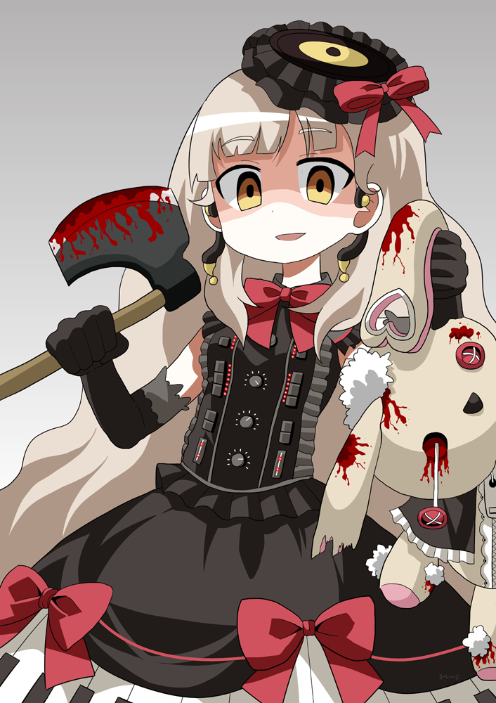 axe blood doll elbow_gloves gloves grey_background long_hair mayu_(vocaloid) rottenmaiya_(summer-vacation) solo stuffed_animal stuffed_bunny stuffed_toy usano_mimi vocaloid weapon yandere