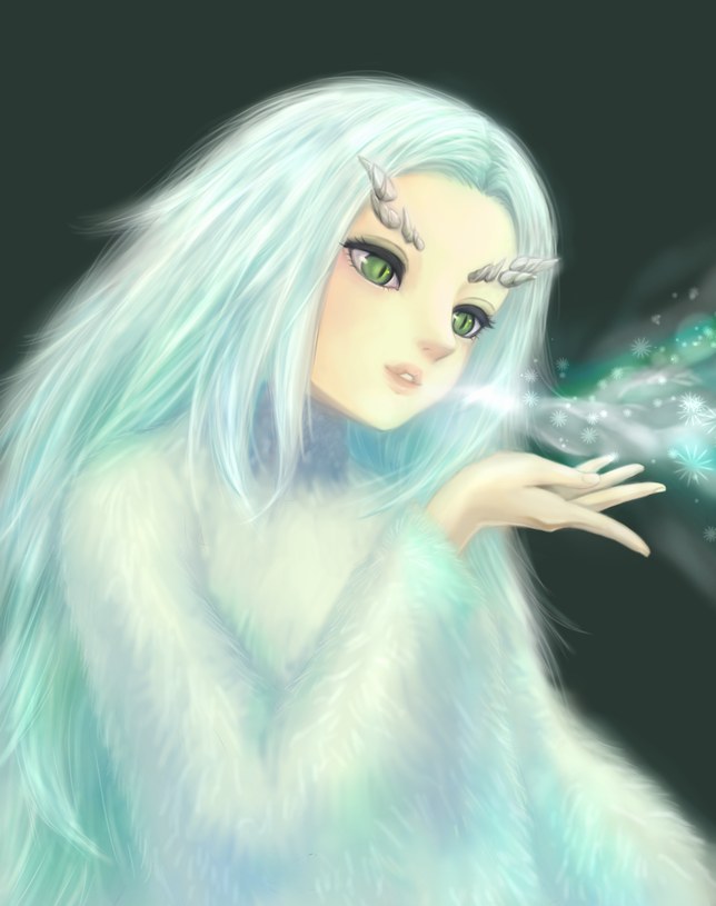 ayanero_taicho blowing dark_souls dragon_girl fur green_eyes horns ice long_hair priscilla_the_crossbreed slit_pupils solo souls_(from_software) white_hair