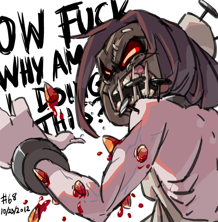 2012 backless_outfit blood brown_hair candy candy_corn cuffs dated english food junkpuyo mask nail object_insertion pain painwheel_(skullgirls) profanity red_eyes shackles short_hair skullgirls solo toned