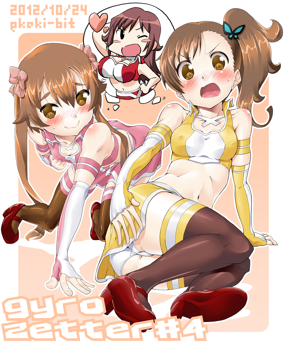 3girls :p akana_rui akana_rui_(cosplay) all_fours bare_shoulders bent_over black_hair blush blush_stickers breasts brown_hair butterfly_hair_ornament character_request chibi_inset chousoku_henkei_gyrozetter cleavage collarbone copyright_name cosplay dated ekakibito elbow_gloves erect_nipples flat_chest gloves hair_ornament hair_ribbon high_heels highres inaba_rinne large_breasts long_hair lying multiple_girls navel on_side open_mouth panties pantyhose race_queen ribbon shoes side_ponytail sitting smile star sweatdrop thighhighs title_drop tongue tongue_out tsukisato_kirari twintails underwear white_panties wink yellow_eyes