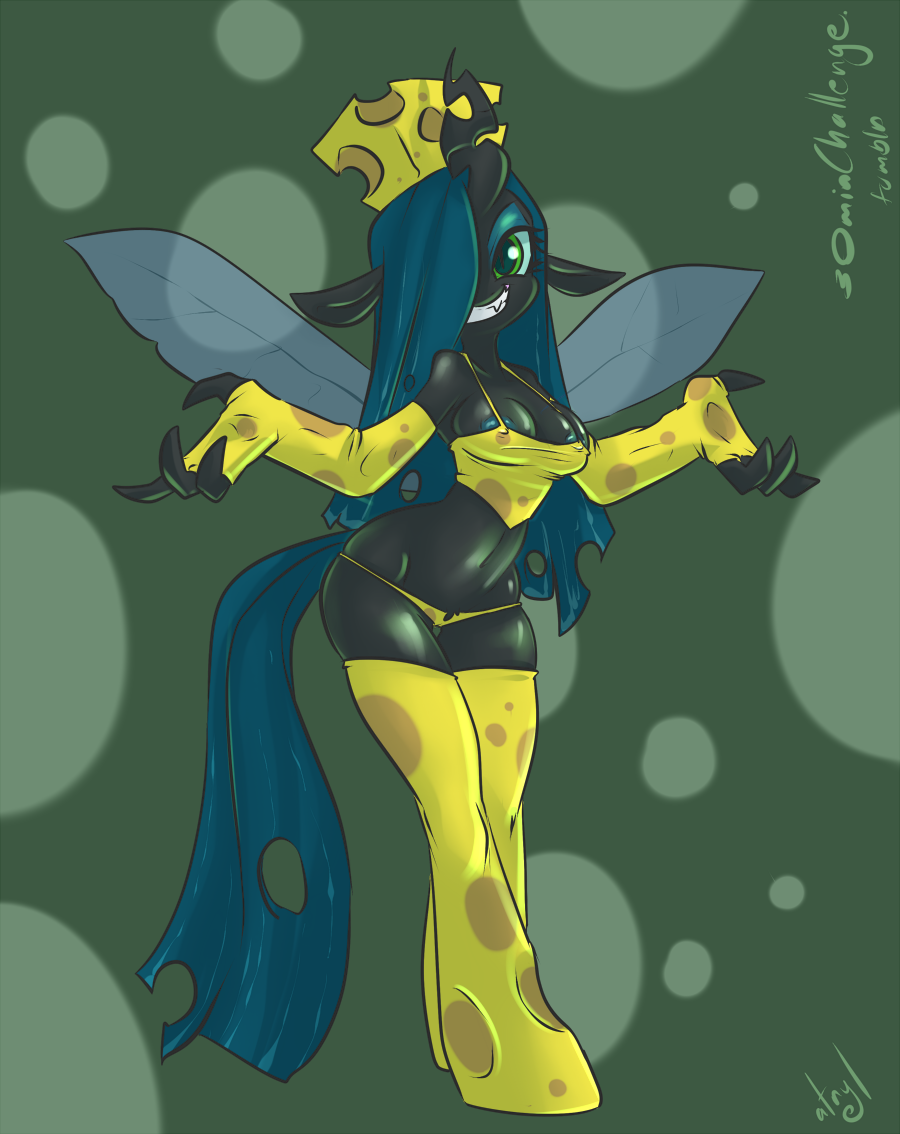 anthro anthrofied areola arm_warmers atryl breasts camel_toe changeling cheese clothed clothing costume equine female friendship_is_magic green_eyes hair hat holes horn legwear long_hair mammal my_little_pony nipples panties queen_chrysalis_(mlp) skimpy smile solo stockings underwear wings