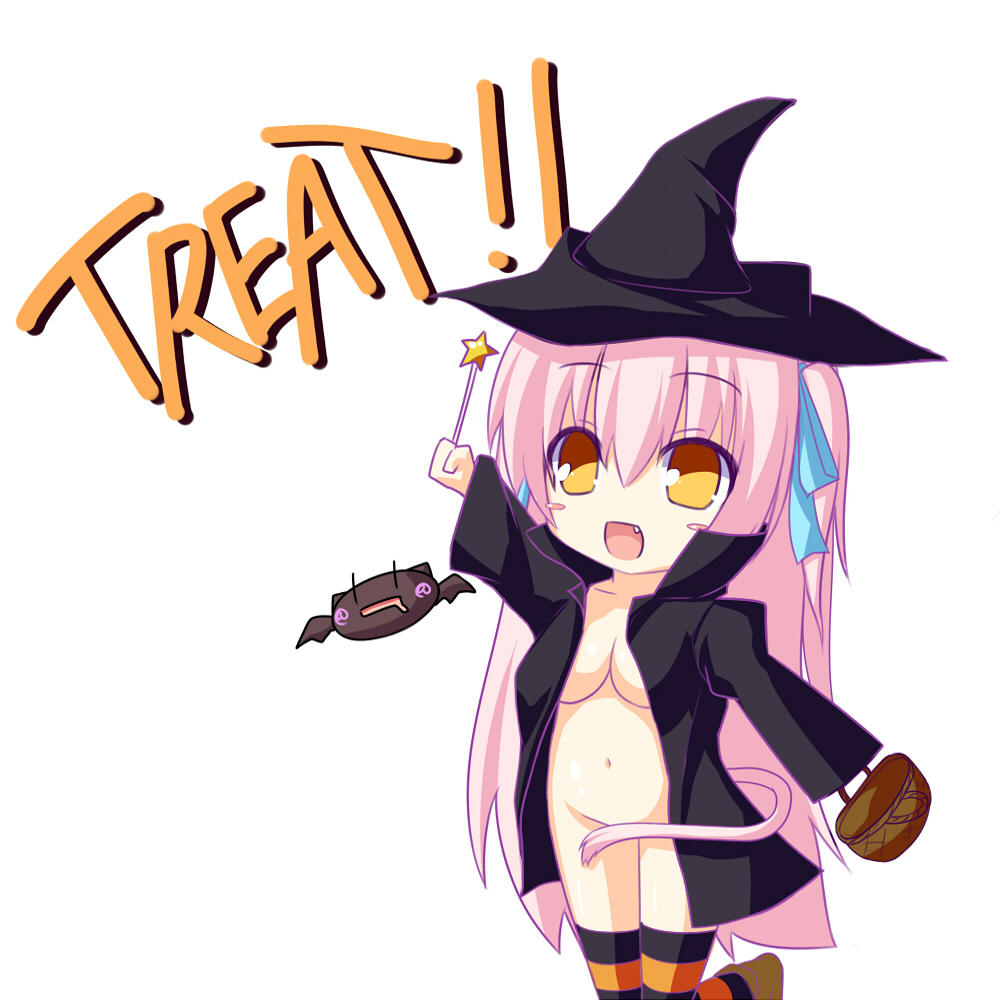 animal_ears bat breasts cat_ears cat_tail halloween hat medium_breasts no_panties open_clothes original pink_hair shia_flatpaddy syroh tail witch_hat