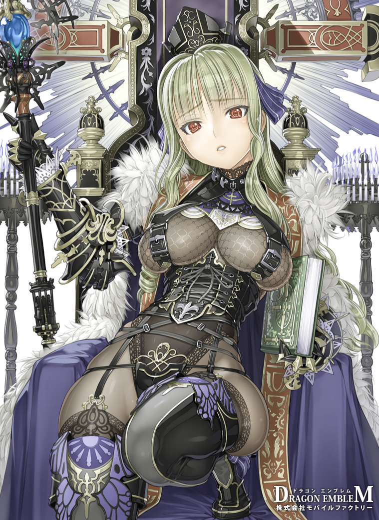 armor bangs bodystocking book boots breasts cape corset cross crown dragon_emblem gauntlets hair_ribbon large_breasts long_hair nakabayashi_reimei red_eyes ribbon ringlets skindentation solo staff thigh_boots thighhighs throne wide_hips