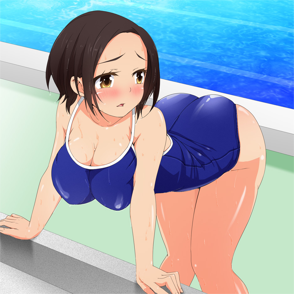aomizuan bent_over black_hair blush breasts cleavage fingers hands large_breasts looking_back open_mouth pool short_hair solo sweat swimsuit water yellow_eyes