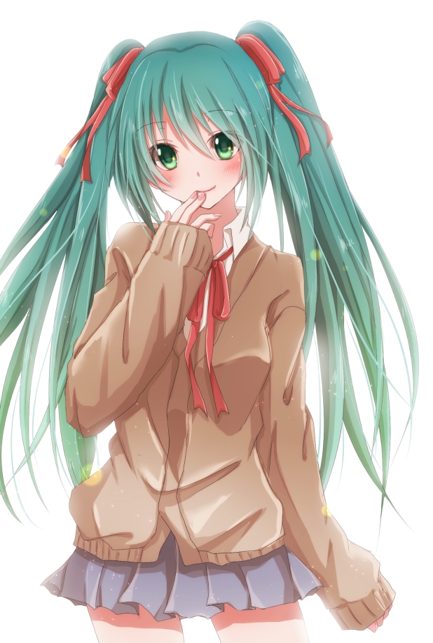 blush green_eyes green_hair hair_ribbon hatsune_miku hiro_(hirohiro31) long_hair ribbon simple_background skirt sleeves_past_wrists smile solo sweater twintails vocaloid white_background