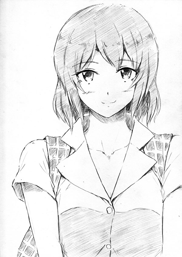 greyscale kazami_yuuka looking_at_viewer monochrome short_hair smile solo touhou traditional_media vent_arbre