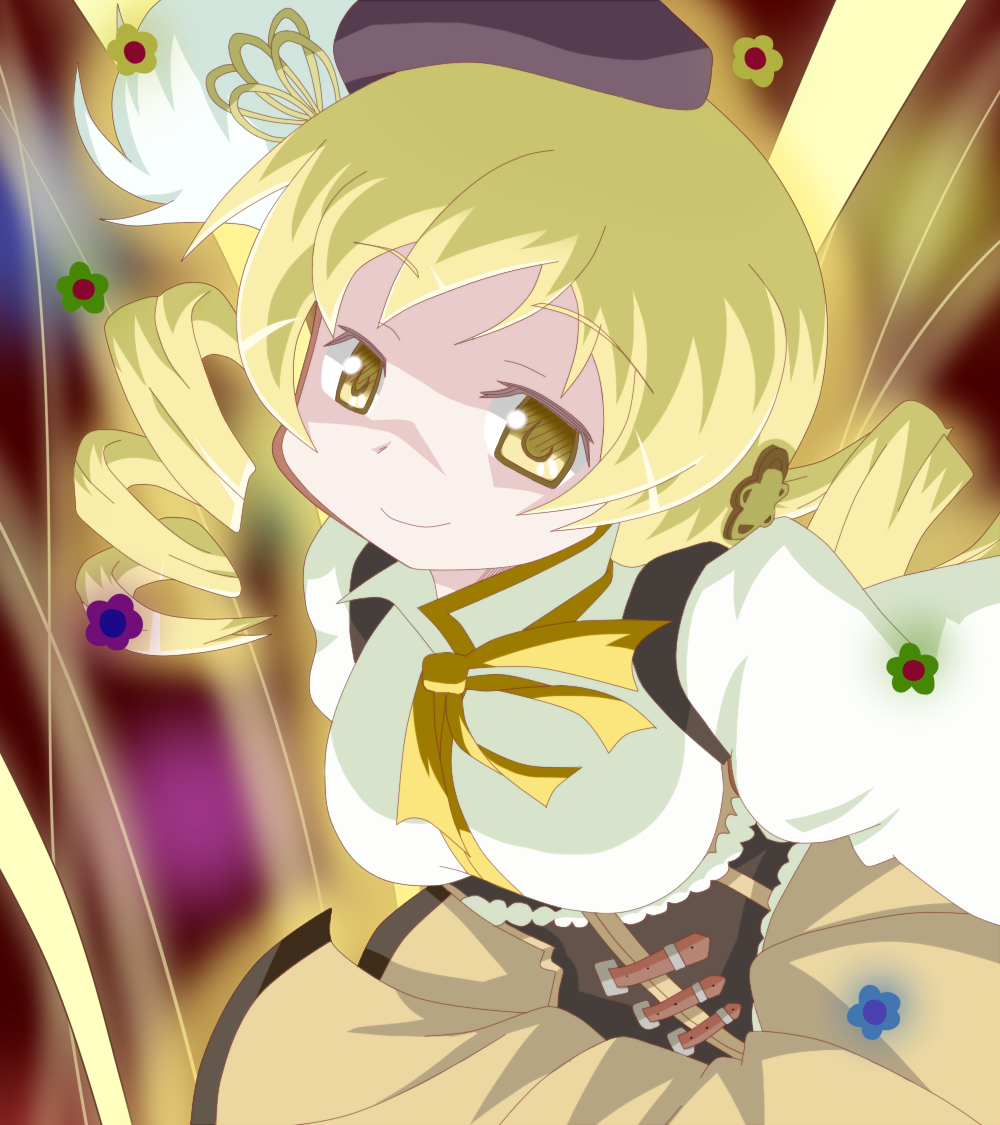 beret blonde_hair breasts colorized corpse_(artist) corset drill_hair grin hair_ornament hat large_breasts magical_girl mahou_shoujo_madoka_magica official_style philip_(n1k2-j) pleated_skirt skirt smile solo tomoe_mami yellow_eyes