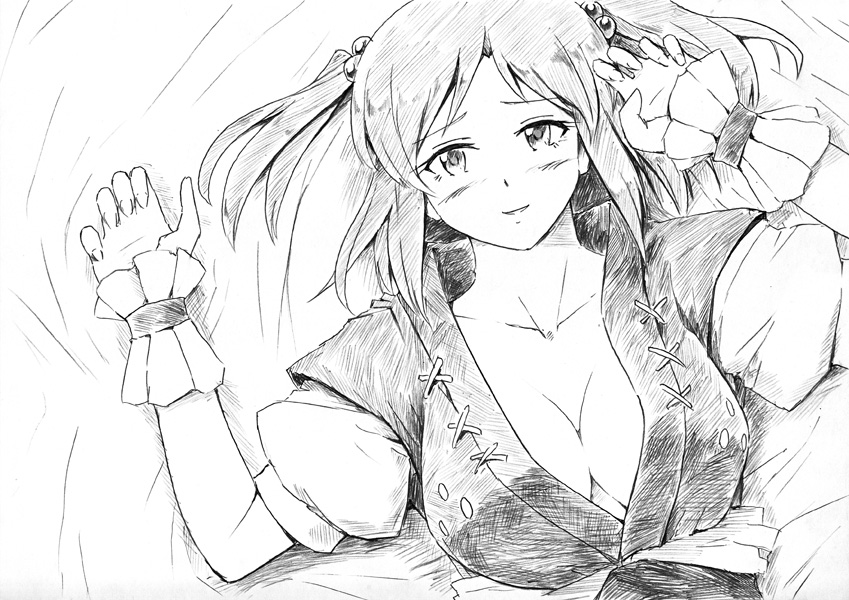 blush breasts cleavage from_above greyscale large_breasts looking_at_viewer lying monochrome on_back onozuka_komachi smile solo touhou traditional_media vent_arbre