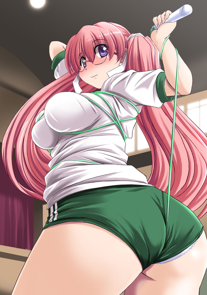 1girl alternate_color ass blush breasts buruma from_behind frown glasses gym_uniform hair_ribbon jump_rope large_breasts log-mi_(tongpoo) log-mi_(tonpuu) long_hair looking_back original panties panties_under_buruma pink_hair purple_eyes ribbon solo tonpuu twintails underwear very_long_hair white_panties