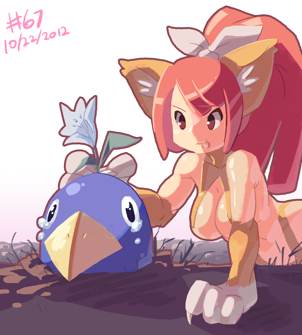 2012 animal_ears bangs breasts buried cat_ears claws cleavage dated disgaea flower junkpuyo large_breasts long_hair nekomata_(disgaea) ponytail prinny red_eyes red_hair tears toned tongue tongue_out