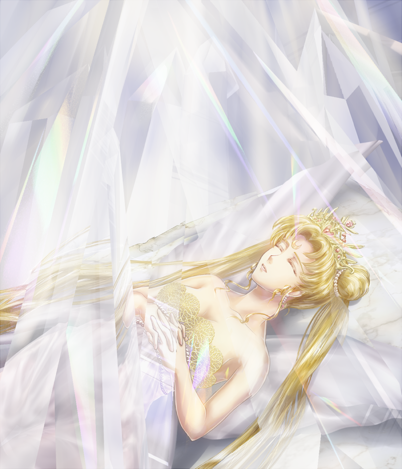 bare_shoulders bishoujo_senshi_sailor_moon blonde_hair closed_eyes crescent_moon crown crystal dress earrings facial_mark forehead_mark hair_bun hair_ornament higami_akabane interlocked_fingers jewelry long_hair lying moon neo_queen_serenity pearl sleeping solo strapless strapless_dress tsukino_usagi twintails white white_dress