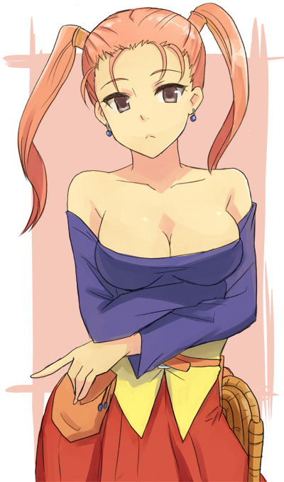 bare_shoulders belt breasts brown_eyes cleavage corset dragon_quest dragon_quest_viii dress earrings hyakuen_raitaa jessica_albert jewelry long_hair looking_at_viewer medium_breasts purple_shirt red_hair rope shirt solo strapless strapless_dress twintails
