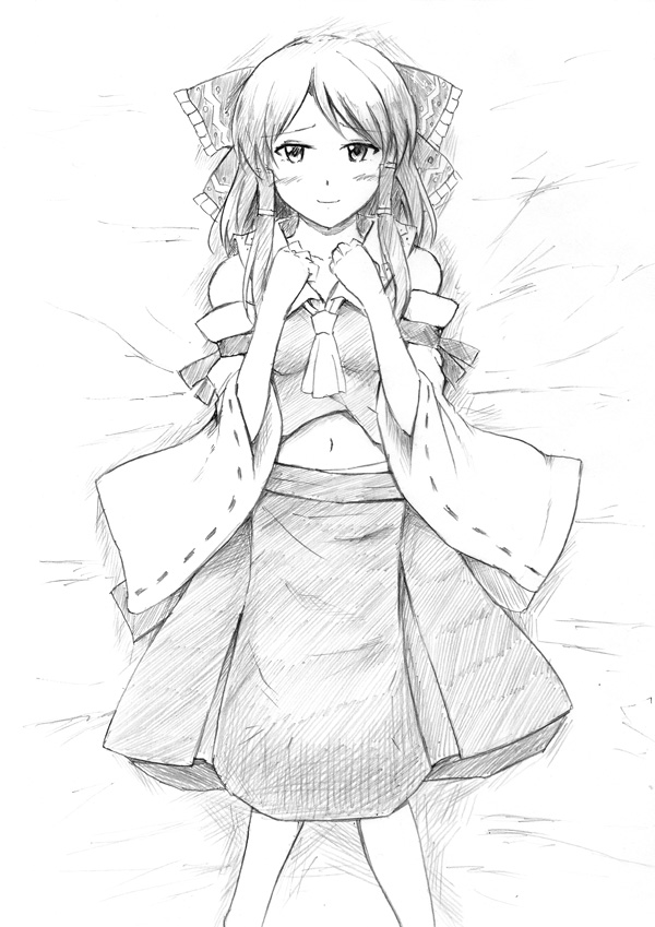 blush bow detached_sleeves greyscale hair_bow hakurei_reimu looking_at_viewer lying monochrome on_back smile solo touhou traditional_media vent_arbre