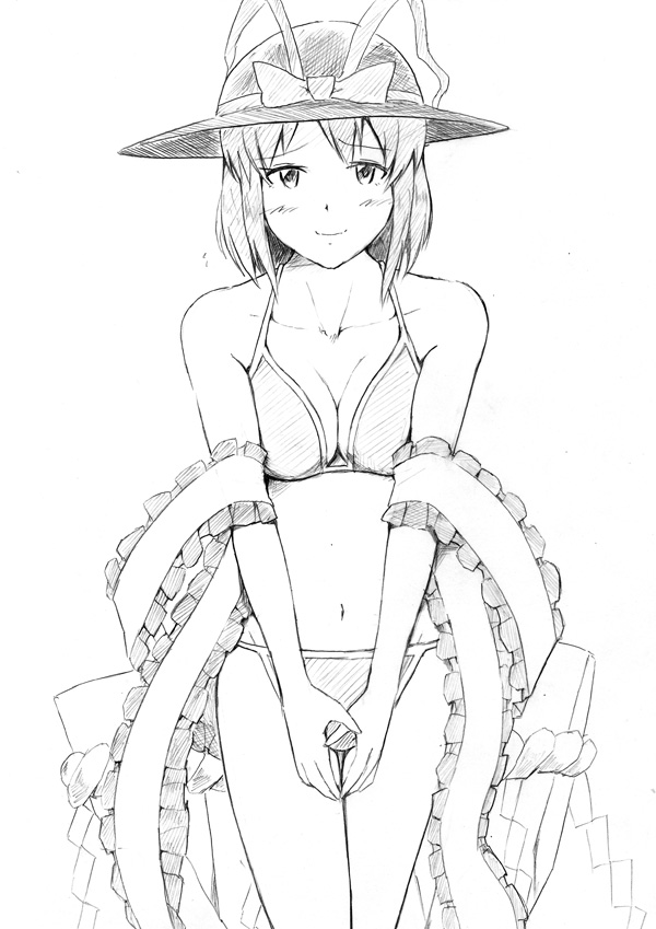bikini blush breasts greyscale looking_at_viewer medium_breasts monochrome nagae_iku short_hair simple_background smile solo swimsuit touhou traditional_media v_arms vent_arbre white_background