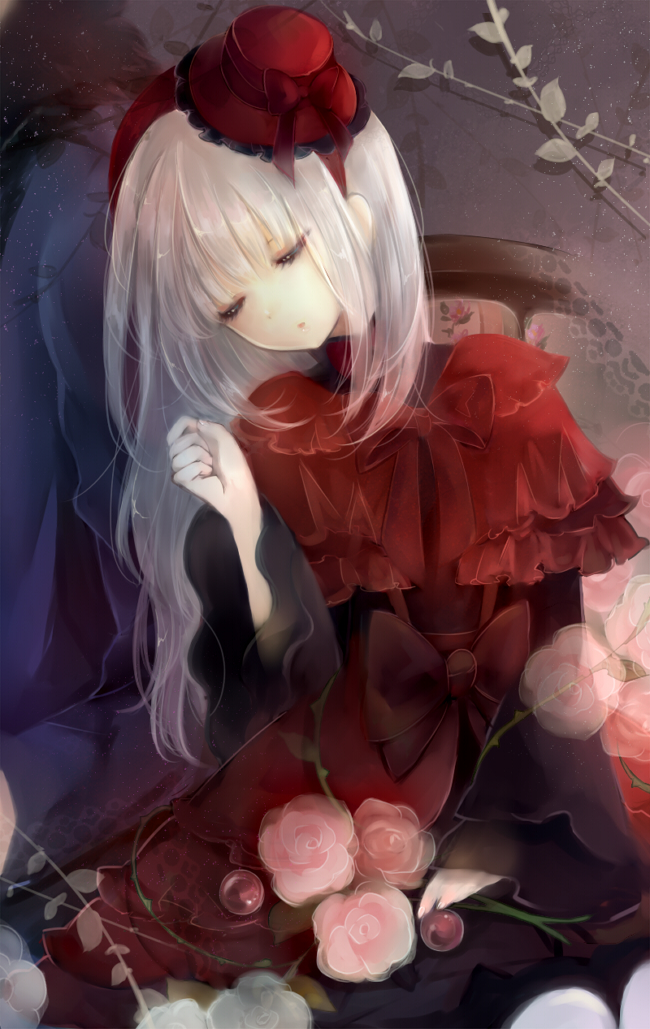 bad_id bad_pixiv_id bow chair closed_eyes dress flower hat hat_bow k_(anime) kushina_anna lolita_fashion long_hair red_dress silver_hair sitting solo tukino_(panna)