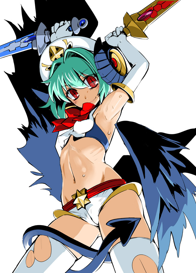 1girl aqua_hair arcana_trust armpits arms_up demon_girl dual_wielding from_below hat holding horns looking_at_viewer red_eyes sasayuki shinrabanshou short_hair short_shorts shorts simple_background smile solo star succubus sweat sword tail thighhighs torn_clothes torn_legwear weapon white_background white_legwear wings