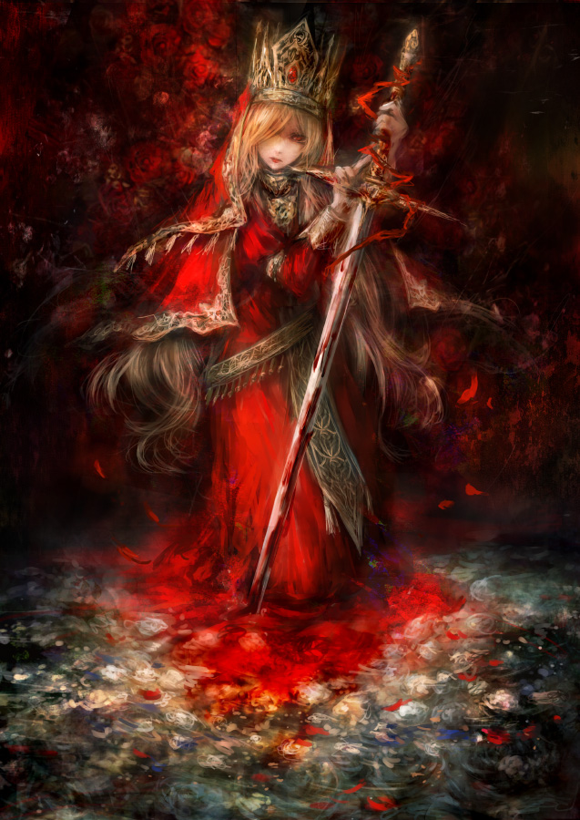 bad_id bad_pixiv_id blonde_hair blood bloody_weapon capelet crown dress hair_over_one_eye lipstick long_hair long_sleeves makeup miyina original petals planted_sword planted_weapon pool_of_blood red_dress red_eyes solo sword very_long_hair weapon zweihander