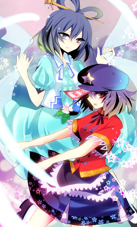 bad_id bad_pixiv_id blue_eyes blue_hair chinese_clothes dokulow dress gradient_hair hair_ornament hair_rings hair_stick hat kaku_seiga miyako_yoshika multicolored_hair multiple_girls ofuda open_mouth outstretched_arms shawl smile star touhou vest zombie_pose