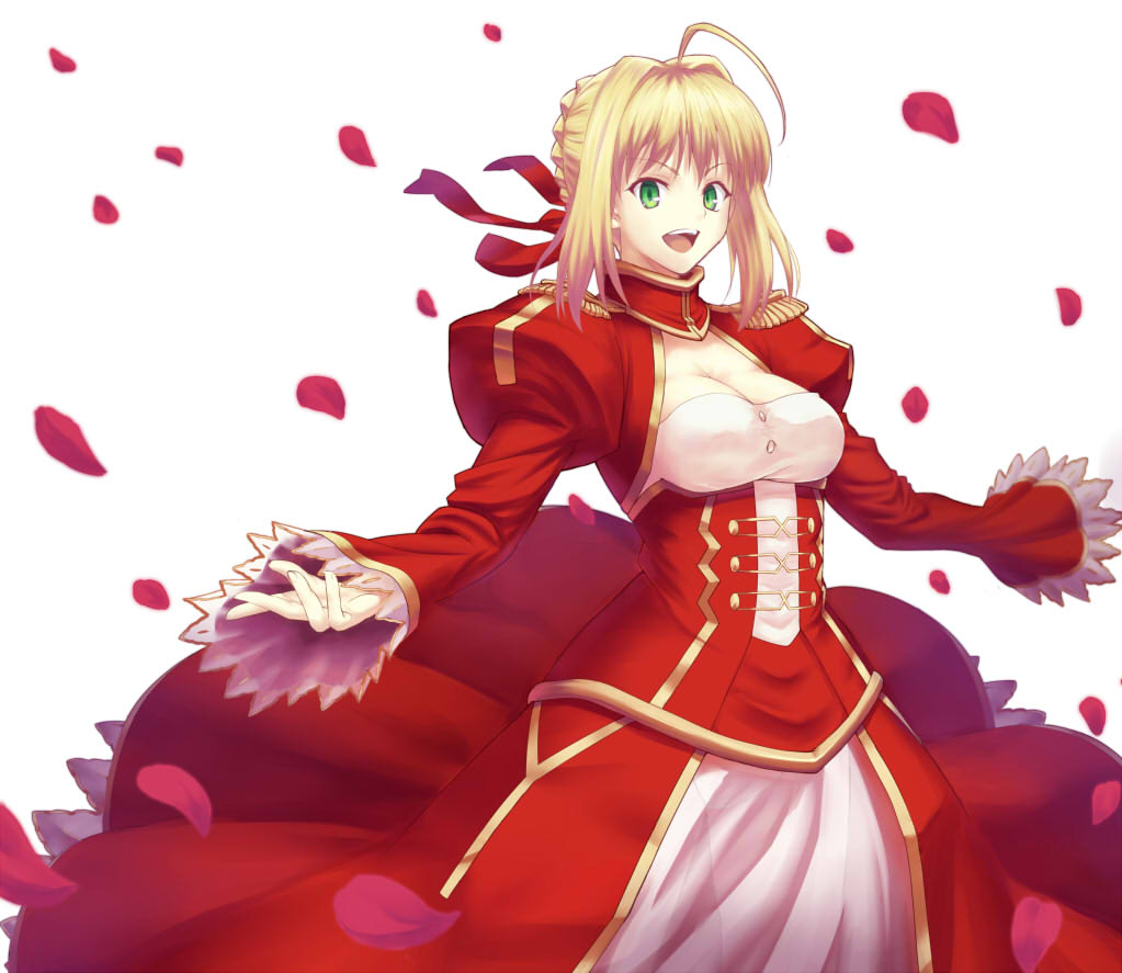 ahoge blonde_hair breasts cleavage dress epaulettes fate/extra fate_(series) green_eyes hair_ribbon kotera_ryou medium_breasts nero_claudius_(fate) nero_claudius_(fate)_(all) outstretched_hand petals ribbon see-through solo