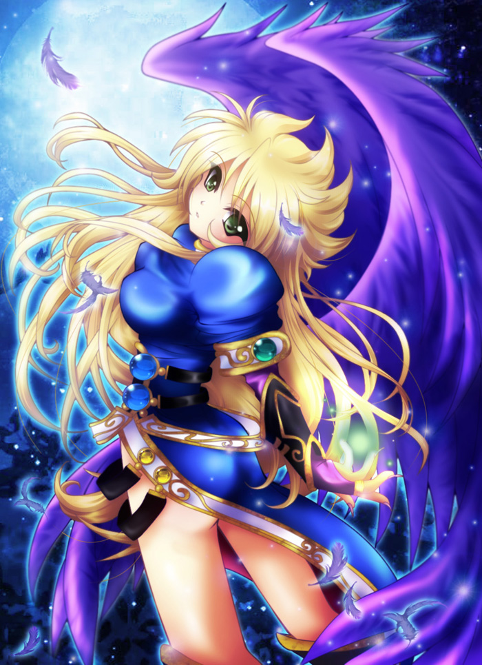 angel_wings ass bare_legs blonde_hair boots breasts breath_of_fire breath_of_fire_ii feathers glowing green_eyes large_breasts legs long_hair looking_at_viewer looking_back nina_(breath_of_fire_ii) purple_wings shindou_hayato side_slit thighs wings