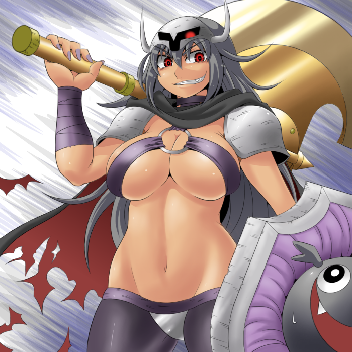 1girl armor axe breasts cape death-adder genderswap golden_axe grey_hair grin helmet kara_age large_breasts long_hair m.u.g.e.n midnight_bliss nail_polish navel red_eyes shield smile torn_clothes weapon