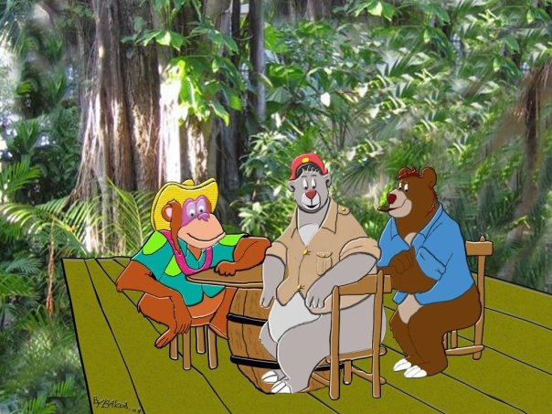 baloo bear bottomless butt chubby cigar claws clothed clothing disney drawn forest fur grizzly grizzly_bear hair half-dressed hat jungle looking_at_viewer louie louie_(talespin) male mammal orangutan smoke smoking tail_spin tailspin talespin tree wood