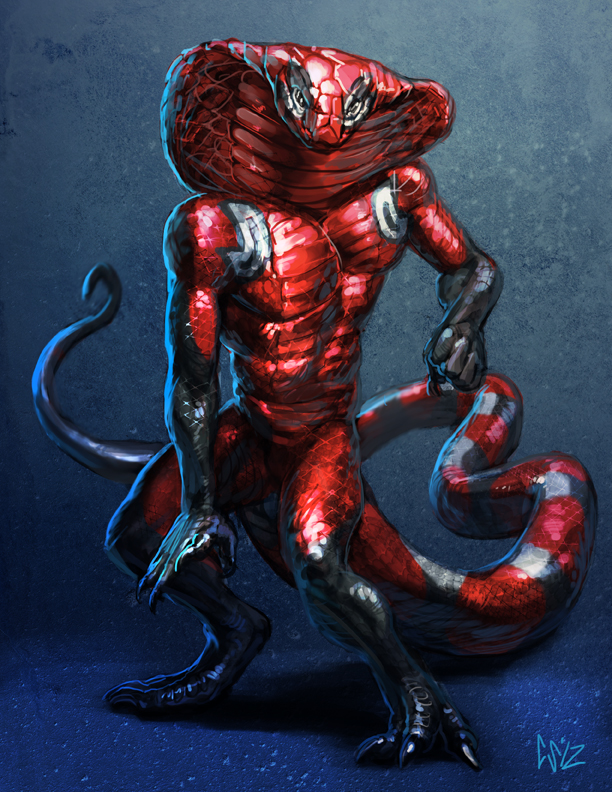 abs abstract_background anthro biceps body_markings claws cobra looking_at_viewer male markings muscles nomnom_(character) nude pecs pose reptile scales scalie snake solo standing toned tumorhead