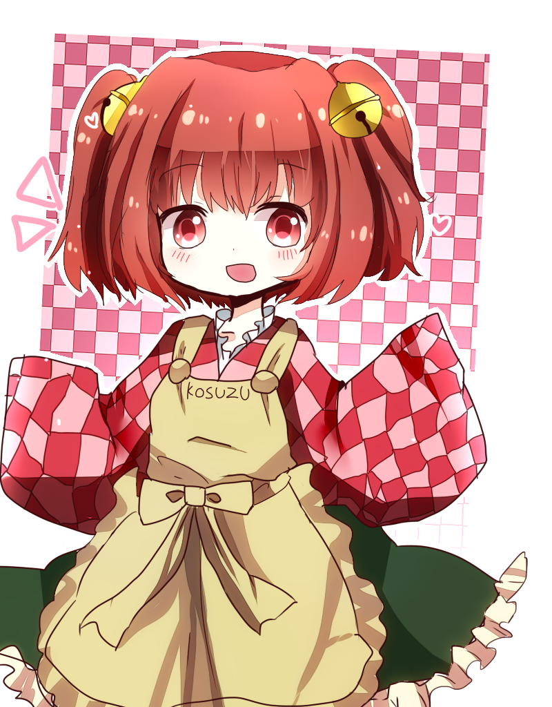 apron bad_id bad_pixiv_id bell blush checkered checkered_background clothes_writing hair_bell hair_ornament looking_at_viewer motoori_kosuzu open_mouth pink_hair red_eyes short_hair skirt smile solo touhou tubamelove two_side_up wide_sleeves