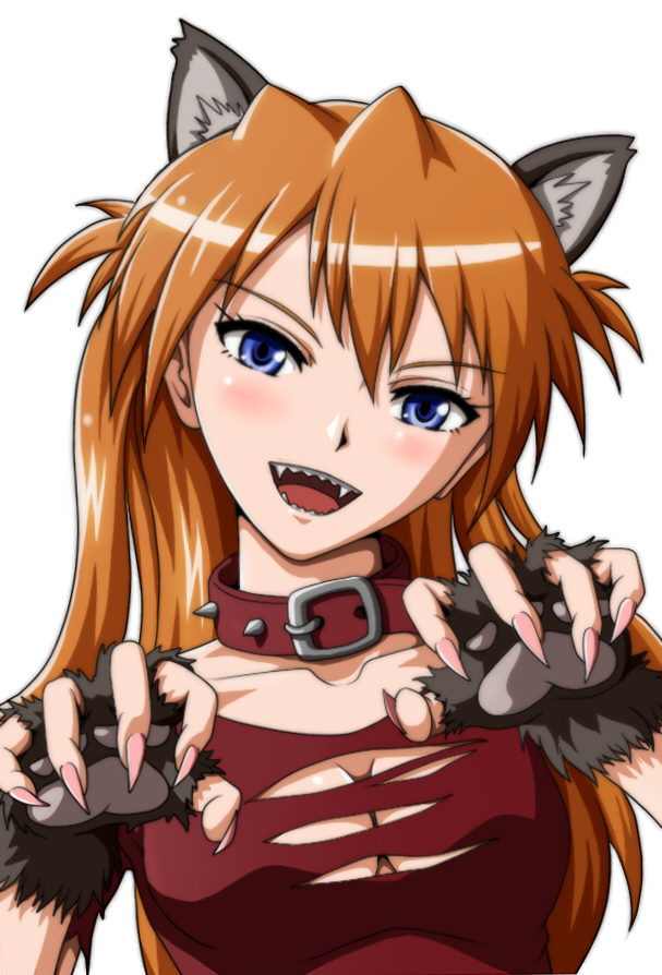 alvares animal_ears bad_id bad_pixiv_id blue_eyes blush breasts cat_ears claw_pose claws cleavage collar costume fingerless_gloves fingernails gloves halloween head_tilt kemonomimi_mode long_fingernails long_fingers long_hair medium_breasts naughty_face neon_genesis_evangelion red_hair sharp_fingernails sharp_teeth shirt smile solo souryuu_asuka_langley spiked_collar spikes teeth torn_clothes torn_shirt werewolf