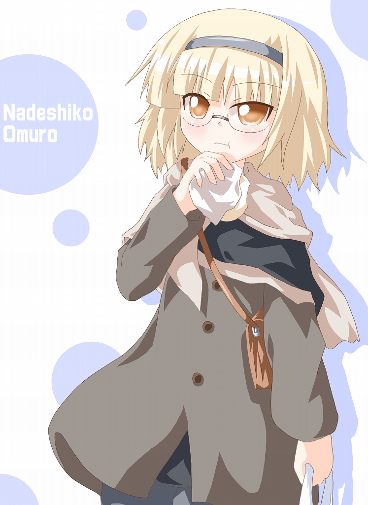 bag blonde_hair brown_eyes capelet character_name closed_mouth dress_shirt eating glasses hairband kagerou_(kers) oomuro_nadeshiko scarf shirt short_hair shoulder_bag solo yuru_yuri