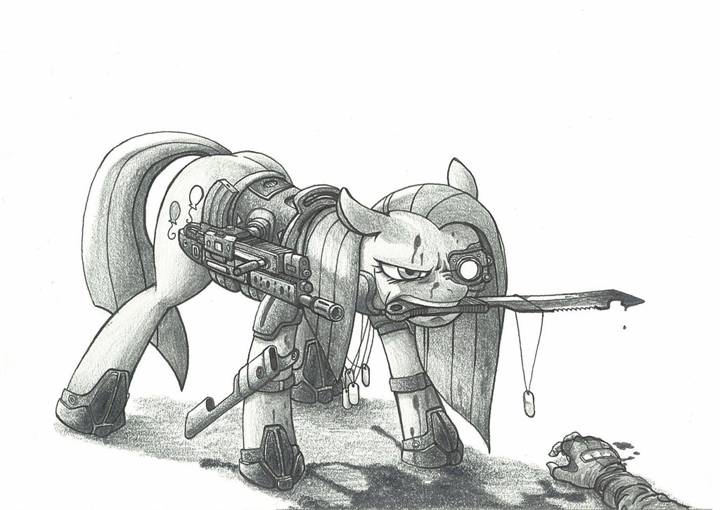 2012 armor blood cutie_mark dead dog_tags equine female friendship_is_magic george5408 greyscale gun hair horse knife long_hair monochrome my_little_pony pinkamena_(mlp) pinkie_pie_(mlp) plain_background pony ranged_weapon weapon white_background