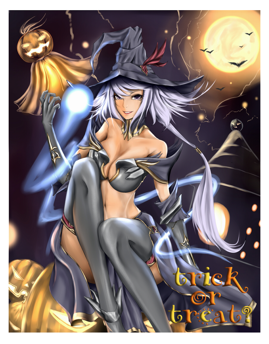 bad_id bad_pixiv_id bat breasts cleavage full_moon halloween hat jack-o'-lantern large_breasts moon original purple_eyes scaretsoul silver_hair thighhighs witch witch_hat