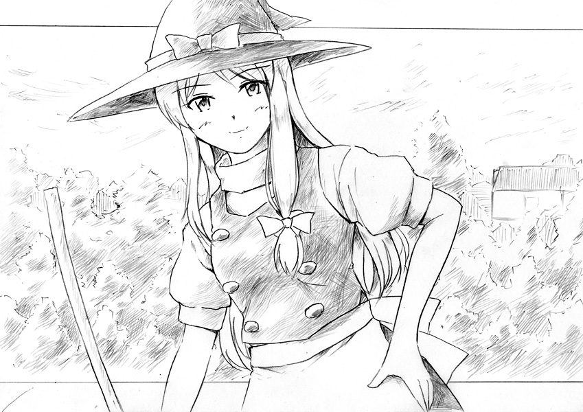greyscale hand_on_hip hat kirisame_marisa long_hair looking_at_viewer monochrome smile solo touhou traditional_media vent_arbre witch_hat