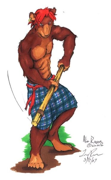 alinraven bear belt biceps brown_fur claws ear_piercing fur grizzly grizzly_bear hair kilt male mammal muscles paws piercing polearm scottish staff topless weapon