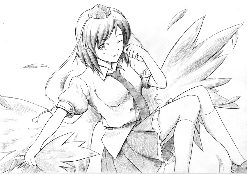 greyscale hat looking_at_viewer monochrome necktie one_eye_closed shameimaru_aya short_hair simple_background skirt smile solo tokin_hat touhou traditional_media vent_arbre white_background